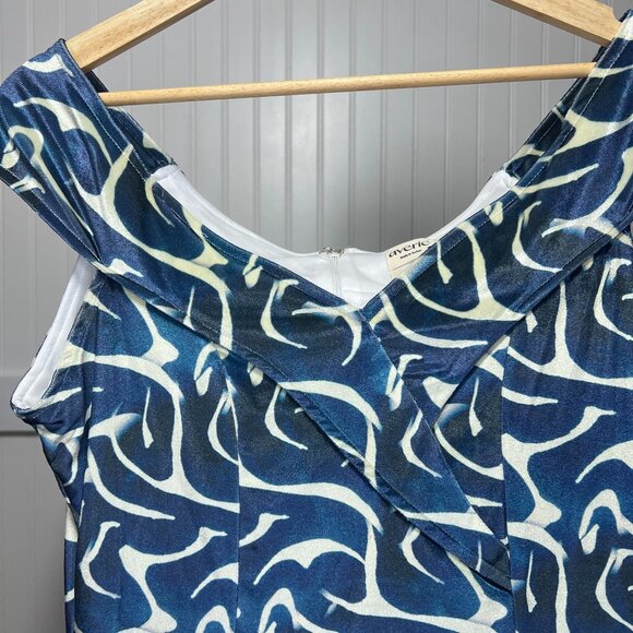 Averie NWT Thea Off Shoulder Blue Abstract Print Cap Sleeve V-Neck Sheath Dress - Picture 6 of 15